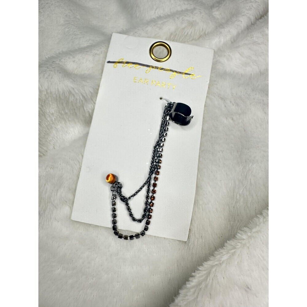 NEW Free People Ear Party Chain Cuff Earring Amber Rhinestone Gunmetal Bohemian